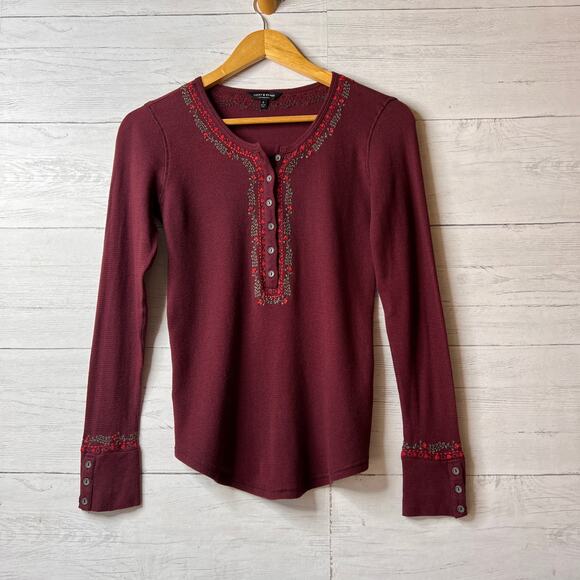 Lucky Brand Top Womens Size Small Burgundy Thermal Henley with Floral Embroidery - Picture 1 of 16